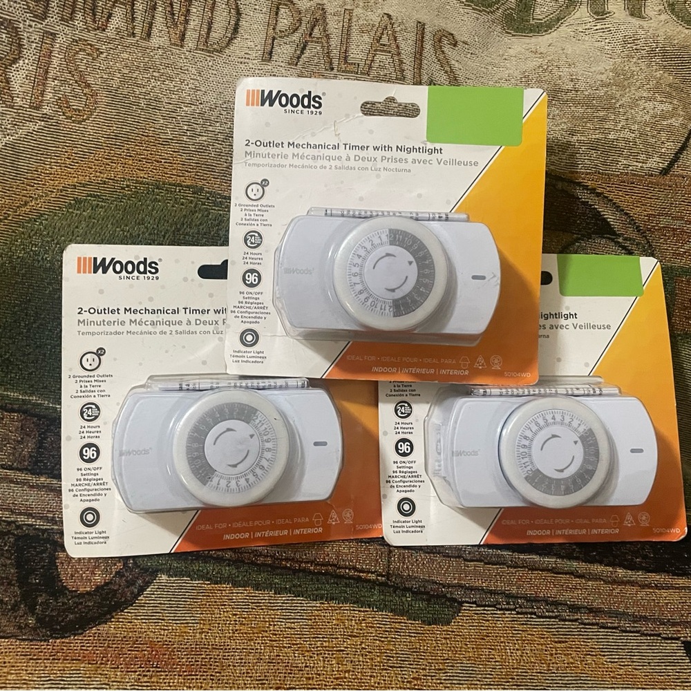 Lot of 3 Woods 2-outlet Mechanical Timer w/ Nightlight Indoor 50104 NEW